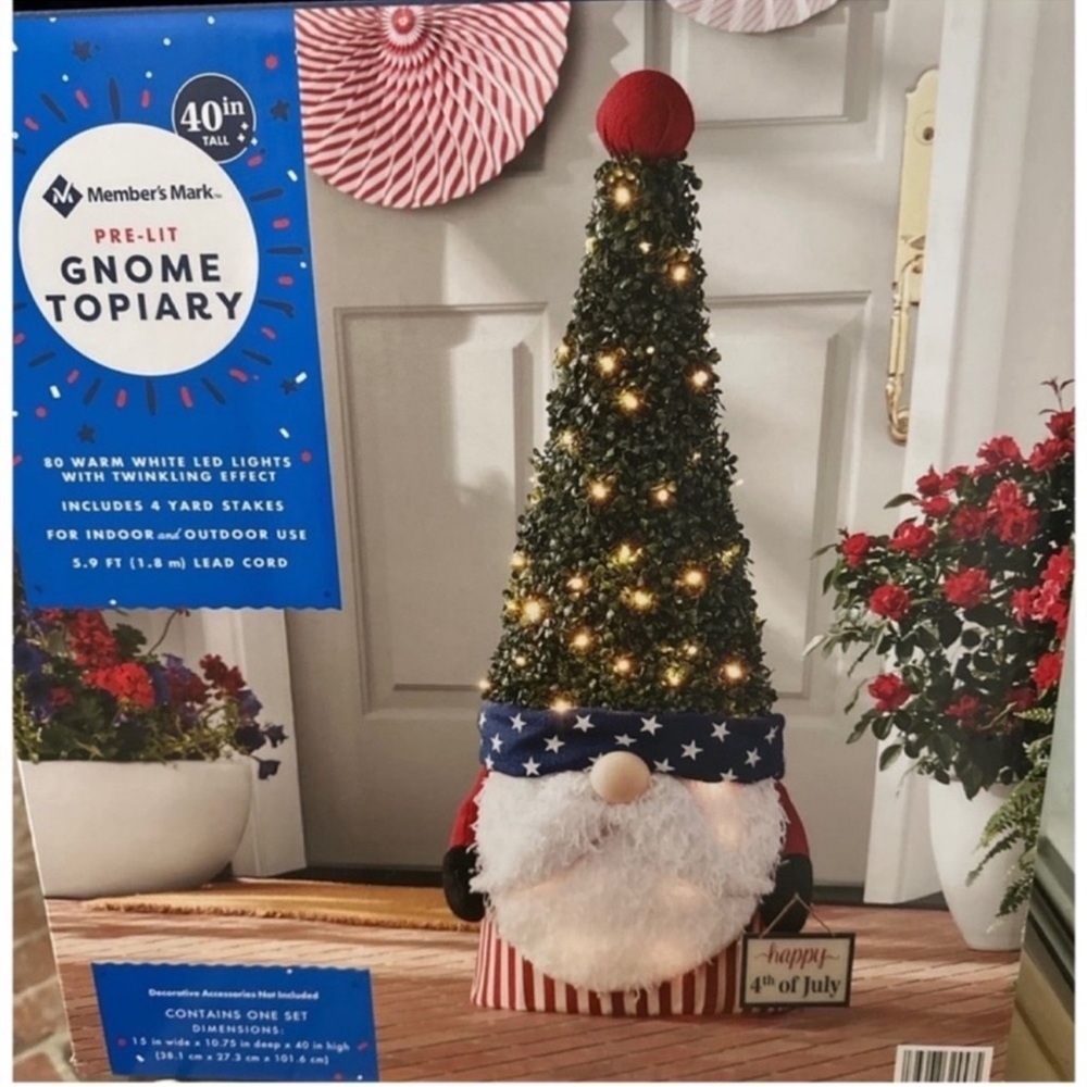 New! Member’s Mark 40" Pre-Lit 4th of July USA / Holiday Gnome Topiary - Picture 2 of 4